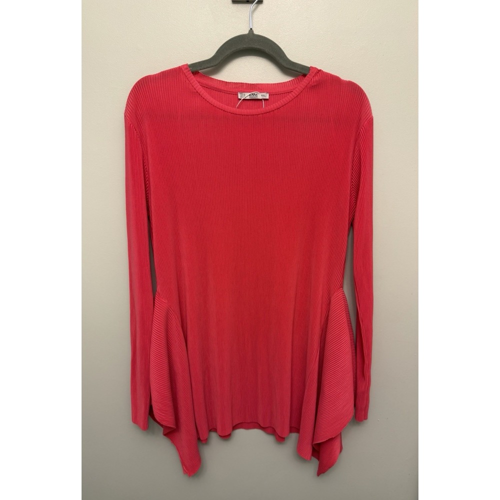 Zara Oversized Peplum Top Medium Pink Coral Ribbed Pleated Stretch Long Sleeve
